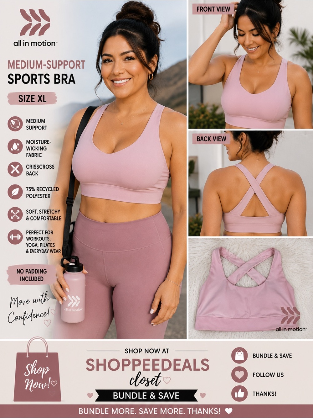 All in Motion Pink Medium-Support Sports Bra –Blush Pink – crisscross back
